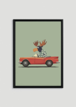 Plakat w drewnianej czarnej ramce: do pokoju dziecięcego łoś w kabriolecie vintage skandynawski