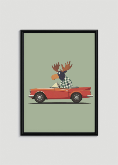 Plakat w drewnianej czarnej ramce: do pokoju dziecięcego łoś w kabriolecie vintage skandynawski