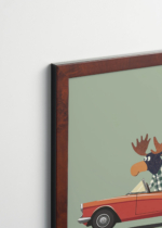 Plakat oprawiony w drewnianą brązową ramkę Vintage Italia: do pokoju dziecięcego łoś w kabriolecie vintage skandynawski