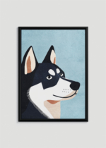 Plakat w drewnianej czarnej ramce: husky pies na niebieskim tle skandynawski do pokoju dziecięcego