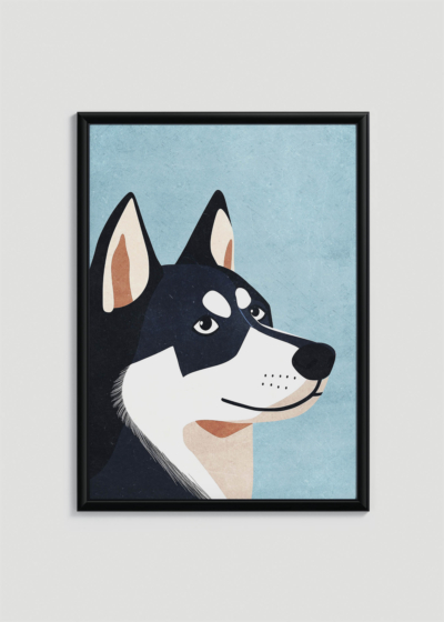 Plakat w drewnianej czarnej ramce: husky pies na niebieskim tle skandynawski do pokoju dziecięcego