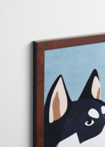 Plakat oprawiony w drewnianą brązową ramkę Vintage Italia: husky pies na niebieskim tle skandynawski do pokoju dziecięcego
