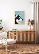 Aranżacja wnętrza, na ścianie wisi plakat w ramce: husky pies na niebieskim tle skandynawski do pokoju dziecięcego