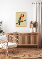 Aranżacja wnętrza, na ścianie wisi plakat w ramce: do pokoju dziecięcego kolorowa papuga vintage