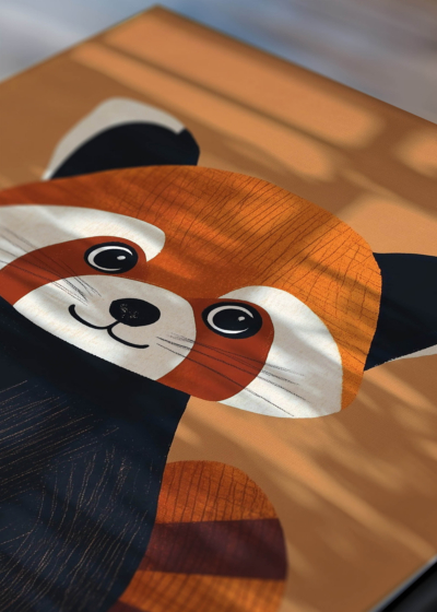 Zbliżenie na detale plakatu: panda ruda ilustracja do pokoju dziecięcego