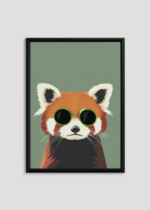 Plakat w drewnianej czarnej ramce: do pokoju dziecięcego czerwona panda w okularach skandynawski