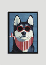 Plakat w drewnianej czarnej ramce: pies husky w czerwonych okularach do pokoju dziecięcego