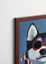 Plakat oprawiony w drewnianą brązową ramkę Vintage Italia: pies husky w czerwonych okularach do pokoju dziecięcego