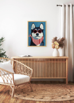 Aranżacja wnętrza, na ścianie wisi plakat w ramce: pies husky w czerwonych okularach do pokoju dziecięcego