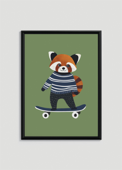 Plakat w drewnianej czarnej ramce: czerwona panda na deskorolce do pokoju dziecięcego