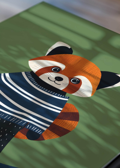 Zbliżenie na detale plakatu: czerwona panda na deskorolce do pokoju dziecięcego