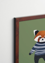 Plakat oprawiony w drewnianą brązową ramkę Vintage Italia: czerwona panda na deskorolce do pokoju dziecięcego