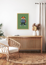 Aranżacja wnętrza, na ścianie wisi plakat w ramce: czerwona panda na deskorolce do pokoju dziecięcego