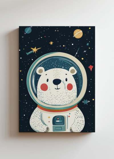 do pokoju dziecięcego miś astronauta w kosmosie dla dzieci obraz na płótnie