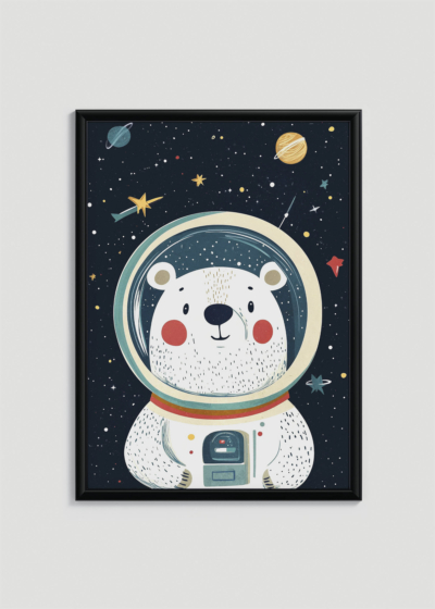 Plakat w drewnianej czarnej ramce: do pokoju dziecięcego miś astronauta w kosmosie dla dzieci