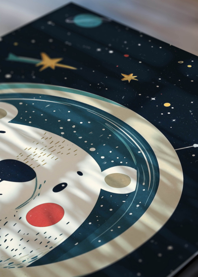Zbliżenie na detale plakatu: do pokoju dziecięcego miś astronauta w kosmosie dla dzieci