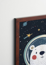 Plakat oprawiony w drewnianą brązową ramkę Vintage Italia: do pokoju dziecięcego miś astronauta w kosmosie dla dzieci