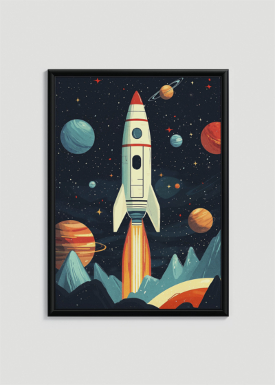 Plakat w drewnianej czarnej ramce: rakieta w stylu retro w kosmosie vintage do pokoju dziecięcego