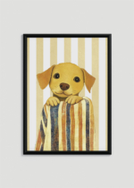 Plakat w drewnianej czarnej ramce: szczeniak golden retriever vintage do pokoju dziecięcego