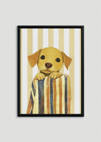 Plakat w drewnianej czarnej ramce: szczeniak golden retriever vintage do pokoju dziecięcego