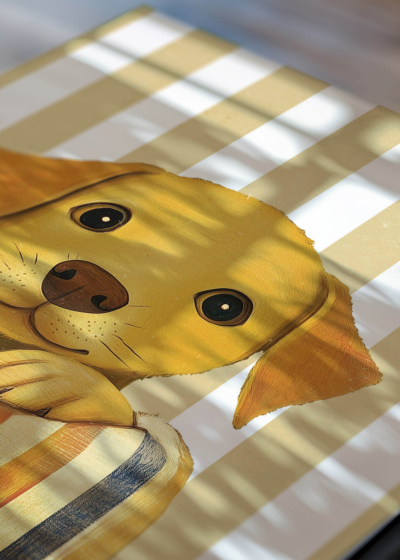 Zbliżenie na detale plakatu: szczeniak golden retriever vintage do pokoju dziecięcego