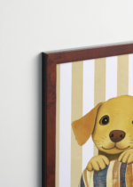 Plakat oprawiony w drewnianą brązową ramkę Vintage Italia: szczeniak golden retriever vintage do pokoju dziecięcego