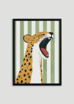Plakat w drewnianej czarnej ramce: do pokoju dziecięcego gepard ryczący