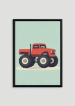 Plakat w drewnianej czarnej ramce: czerwony monster truck dla dzieci pokój chłopca