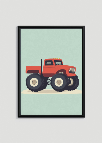 Plakat w drewnianej czarnej ramce: czerwony monster truck dla dzieci pokój chłopca