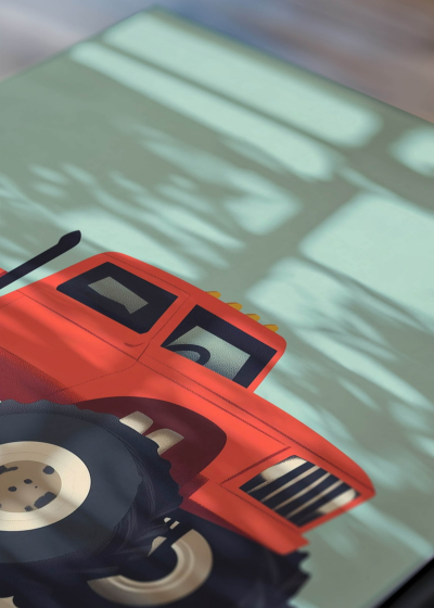 Zbliżenie na detale plakatu: czerwony monster truck dla dzieci pokój chłopca