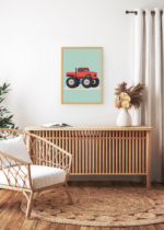 Aranżacja wnętrza, na ścianie wisi plakat w ramce: czerwony monster truck dla dzieci pokój chłopca