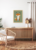 Aranżacja wnętrza, na ścianie wisi plakat w ramce: lisek dla dzieci w stylu skandynawskim boho