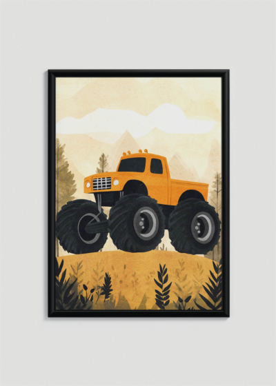 Plakat w drewnianej czarnej ramce: monster truck pomarańczowy samochód do pokoju dziecięcego
