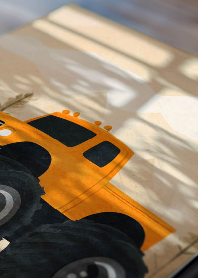 Zbliżenie na detale plakatu: monster truck pomarańczowy samochód do pokoju dziecięcego