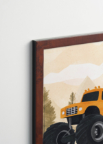 Plakat oprawiony w drewnianą brązową ramkę Vintage Italia: monster truck pomarańczowy samochód do pokoju dziecięcego