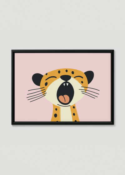 Plakat w drewnianej czarnej ramce: wesoły gepard do pokoju dziecięcego