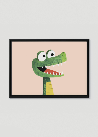 Plakat w drewnianej czarnej ramce: sympatyczny dinozaur T-Rex do pokoju dziecięcego