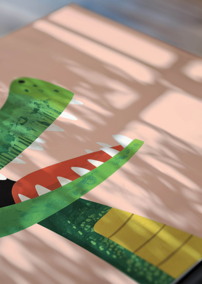 Zbliżenie na detale plakatu: sympatyczny dinozaur T-Rex do pokoju dziecięcego