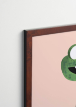 Plakat oprawiony w drewnianą brązową ramkę Vintage Italia: sympatyczny dinozaur T-Rex do pokoju dziecięcego