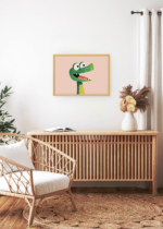 Aranżacja wnętrza, na ścianie wisi plakat w ramce: sympatyczny dinozaur T-Rex do pokoju dziecięcego