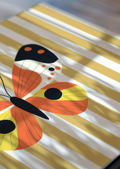 Zbliżenie na detale plakatu: motyl dziecięcy geometryczny boho skandynawski