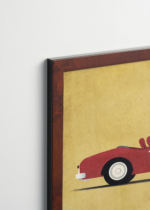 Plakat oprawiony w drewnianą brązową ramkę Vintage Italia: dalmatyńczyk w czerwonym kabriolecie samochód retro