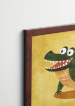 Plakat oprawiony w drewnianą brązową ramkę Vintage Italia: uśmiechnięty zielony krokodyl do pokoju dziecięcego