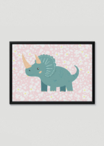 Plakat w drewnianej czarnej ramce: dinozaur triceratops retro do pokoju dziecięcego