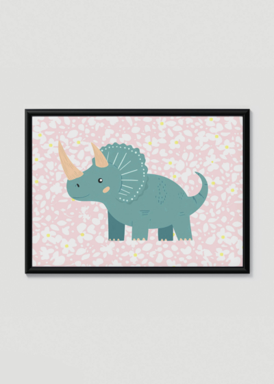Plakat w drewnianej czarnej ramce: dinozaur triceratops retro do pokoju dziecięcego