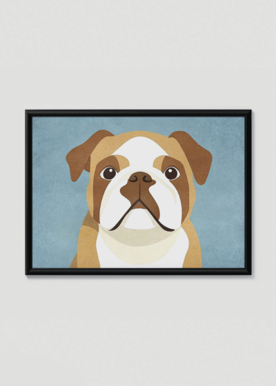 Plakat w drewnianej czarnej ramce: buldog angielski minimalistyczny geometryczny dziecięcy