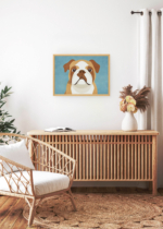 Aranżacja wnętrza, na ścianie wisi plakat w ramce: buldog angielski minimalistyczny geometryczny dziecięcy