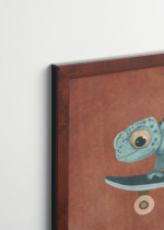 Plakat oprawiony w drewnianą brązową ramkę Vintage Italia: kameleon na deskorolce do pokoju dziecięcego turkus