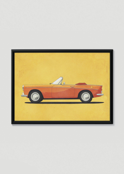 Plakat w drewnianej czarnej ramce: retro kabriolet czerwony samochód vintage dla dzieci
