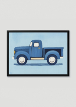 Plakat w drewnianej czarnej ramce: samochód vintage pickup niebieski dla dzieci retro